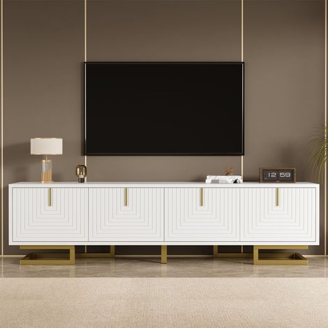 Meuble TV 160 cm blanc à portes texturées, 4 portes, poignées et pieds dorés en métal, rangements, pieds réglables (1/5)