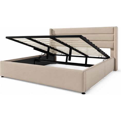 Stauraumbett 180×200 cm, Doppelbett mit Bettkasten und Gepolstertem Kopfteil, ohne Matratze, Leinen, Beige (1/5)