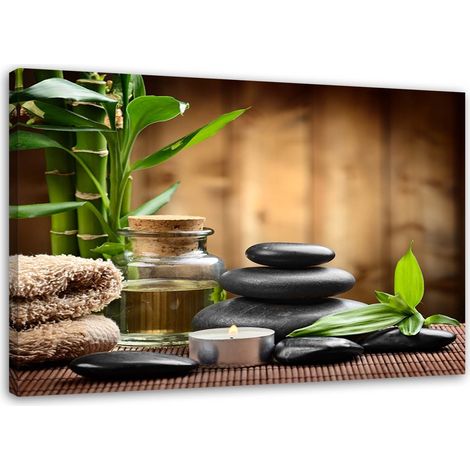 Tableau sur toile, composition zen avec pierres noires et bambou - 60x40 (1/5)