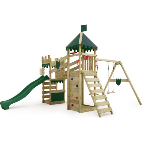 Fatmoose RiverRun Royal wooden play tower with swing and slide in green
