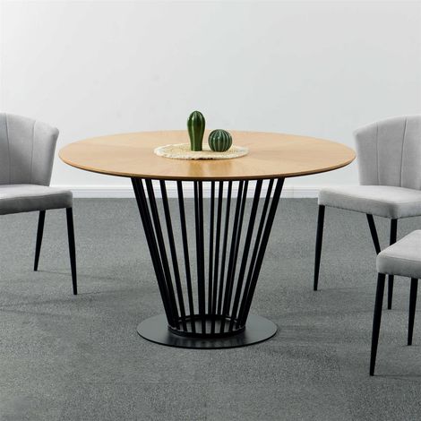 Oak Round Dining Table 120cm Top with Black Metal Legs 4 Seater Home