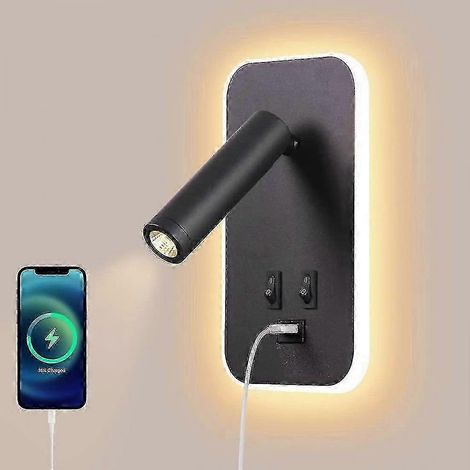 Applique murale LED, lampe de chevet avec interrupteur, port de chargement USB, éclairage d'ambiance pour chambre, spot réglable (3 W 3000 K + 9 W 6000 K), noir (1/5)