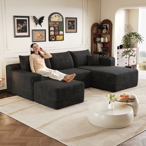 REDOM - Sofá esquinero modular, sin montaje, asiento profundo, chaise longue reversible, tela negra (1/5)