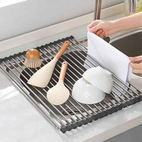 Abtropfgestell aus Edelstahl für die Spüle, Abtropfmatte, faltbar, Küchenorganizer für Geschirrtücher, Obst, Gemüse (Schwarz (43 x 35 cm)) (1/5)