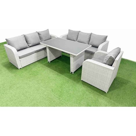 Fimous Rattan Garden Furniture Dining Set 7-seater Patio Rectangular Table Sofa Set Light Grey (1/4)