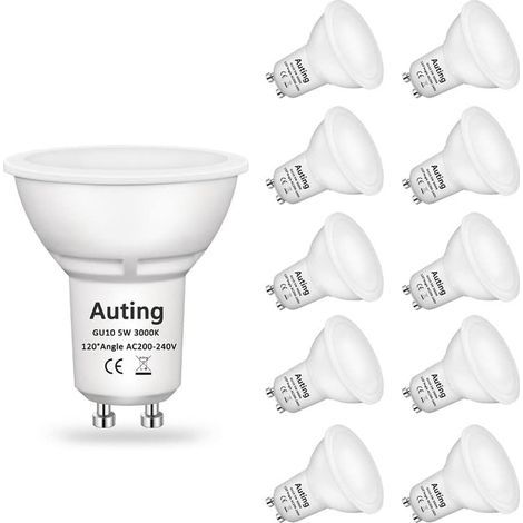 Ampoule GU10 Led Blanc Chaud(3000K), Gu10 Led 5W 470 Lumens Ampoules Led GU10 Remplacement Pour Ampoule Halogène 35W, Angle de Faisceau 120 °, CRI 82, 220-240VAC, 10 Pièces (1/5)