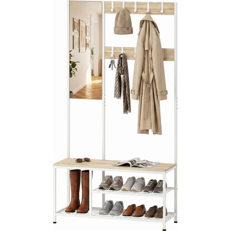 HOMCOM Appendiabiti 4-in-1 con Panca, Scarpe, Specchio, Legno Naturale