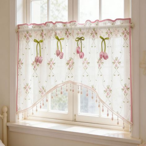 Voilage romantique floral semi-transparent – 150×60 cm – rideau en tulle léger avec tulipes roses rétro et perles décoratives – panneau unique