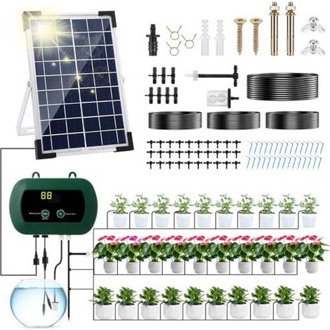 Automatisches solarbetriebenes Tropfbewässerungsset, Gartenbewässerungssystem, Gartenbewässerungssystem mit 10 Tropfmustern und 30 Töpfen - (1/5)