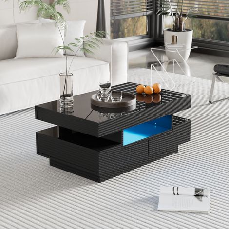 Table basse en panneaux de particules noir brillant 80 cm avec LED, 4 tiroirs et rangements (1/5)