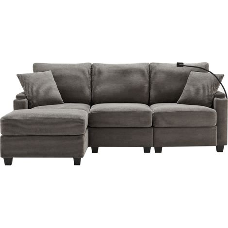 Sofá esquinero convertible en L de 3 plazas de terciopelo acanalado gris oscuro con puf (1/5)
