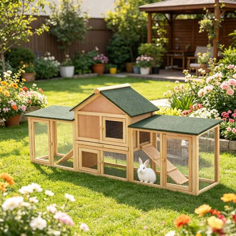 Conejera exterior con parque, 210 x 45,5 x 84,5 cm, madera natural y verde HAVRYA (1/5)