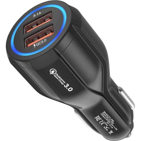 Chargeur de voiture USB 2 ports – Quick Charge 3.0 pour iPhone. iPad. Samsung Galaxy. Huawei. Xiaomi – Lumière LED intégrée (1/5)