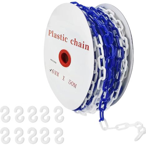 Chaîne de barrière en plastique, 6 mm x 50 m, chaîne d'avertissement en plastique avec 10 crochets en S, chaînes de barrière pour chantier, parking, files d'attente et entretien des commandes (bleu (1/5)