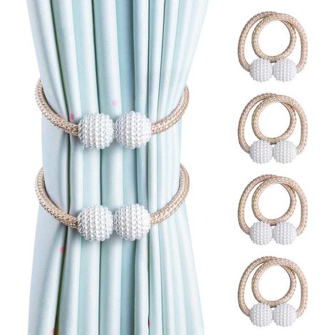 Embrasses de rideaux, lot de 6 embrasses magnétiques, motif perles, pinces à rideaux pour la décoration de fenêtres à la maison ou au bureau (beige, lot de 6), lot de 4 (beige, lot de 4)