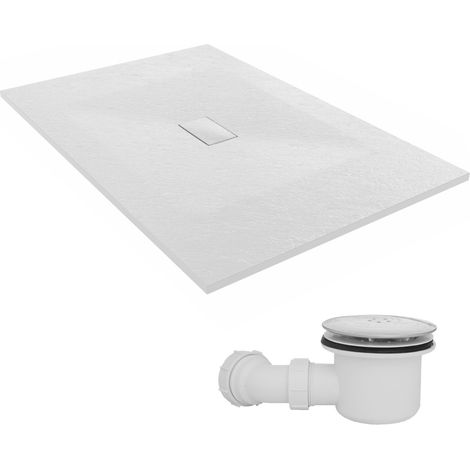 NRG 1500 x 1000mm SMC White Rectangle Slate Effect Bathroom Shower Tray & Fluidmaster Fast Flow Waste Trap
