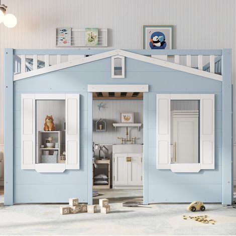 MEUBLIV Kinder-Hochbett 90x200 cm blau – beidseitige Treppe, ohne Matratze (1/5)