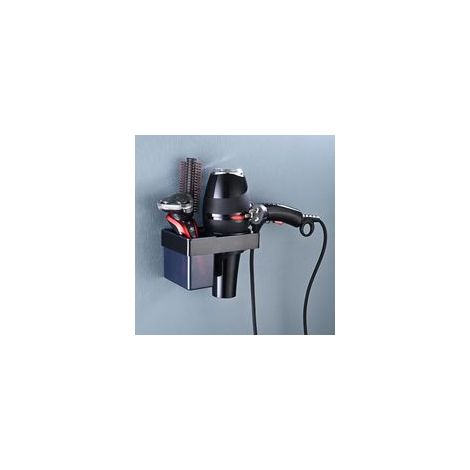 Porte Sèche Cheveux Mural Adhésif, Support Aluminium avec Rangement et Câble Salle de Bain (Noir)