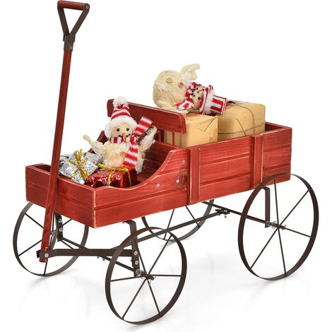 COSTWAY Carrito de Madera Para Jardín Maceta Decorativa con Ruedas y 2 Secciones para Plantas, Porta Plantas (Rojo) (1/5)