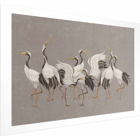 Poster – Tanz der Kraniche – leuchtende Vogelsilhouetten auf warmgrauem, strukturiertem Hintergrund (1/4)
