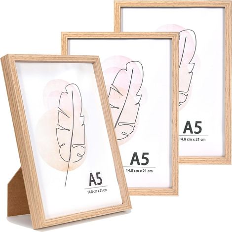 Ensemble de 3 Cadres Photo A5 en Chêne, Cadre pour Affiche en Bois, Cadres Photo de 14,8x21 cm pour Affichage sur Table et Montage Mural pour la Maison, le Bureau, la Galerie, les Vacances avec (1/5)