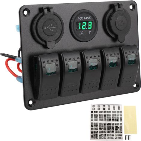 Ortviai Tableau de commande à bascule 5 voies en aluminium IP65 avec voltmètre LED, double USB et prise allume-cigare, 12-24 V, vert (1/5)