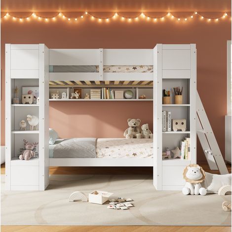 Litera infantil de 90x200 cm con espacio de almacenamiento, 2 armarios, estante para colgar ropa, madera blanca (1/5)