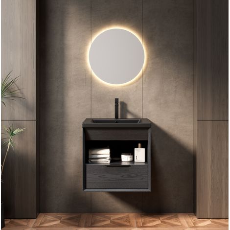 Waschtischunterschrank mit Keramik-Waschbecken, Sperrholz in Schwarz/Dunkleiche, 51 cm, vormontiert (1/5)