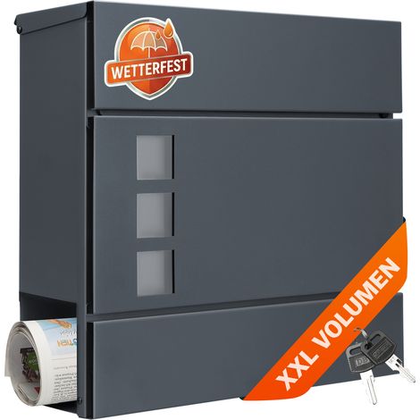 MONZANA® Design Briefkasten Stahl anthrazit mit Zeitungsfach Sichtfenster 2 Schlüssel Wandbriefkasten