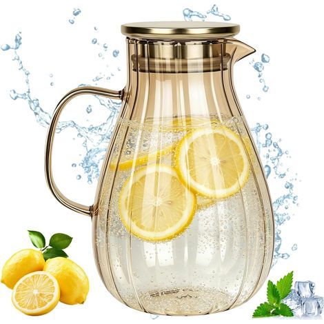 Caraffa in vetro da 1,8 litri con coperchio, caraffa per acqua in vetro borosilicato con filtro in acciaio inox, resistente al calore per bevande calde e fredde, tè freddo, vino, caffè (1/5)