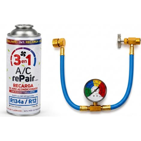 Recarga Aire Acondicionado 3 En 1  Sustituto R134a Y R12  Gas Refrigerante + Sellante + Lubricante 200gr Con Manómetro