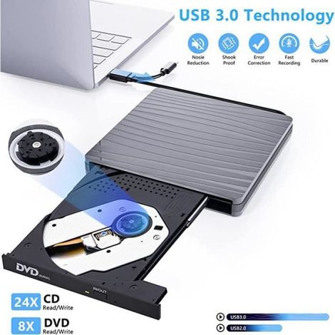 Lecteur CD DVD Externe - Portable External Drives -CDVCD -RWROM - pour Laptop, Desktops, PC, iMac, Macbook, Windows. gris (1/4)