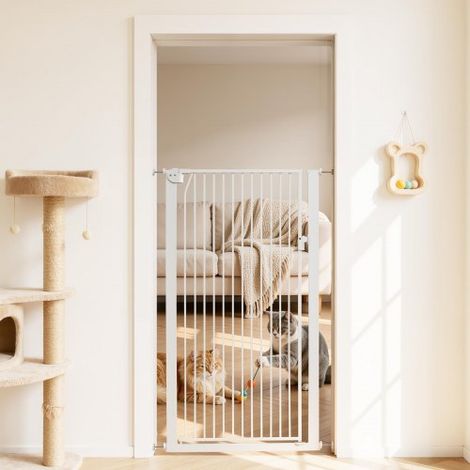 Barrera de Seguridad para Niños, Alto Extra de 1420 mm, Ancho Ajustable de 740-1050 mm, Puerta de Seguridad para Perros y Gatos, Kit de Accesorios de Instalación, para Escaleras Pasillos, Blanco (1/5)