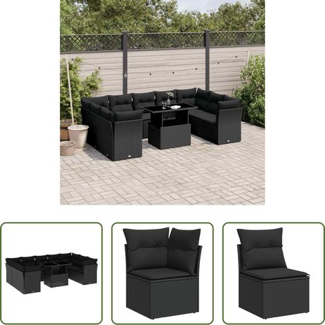 vidaXL Rattanmöbel - 10-tlg. Garten-Sofagarnitur mit Kissen Schwarz Poly Rattan (1/5)