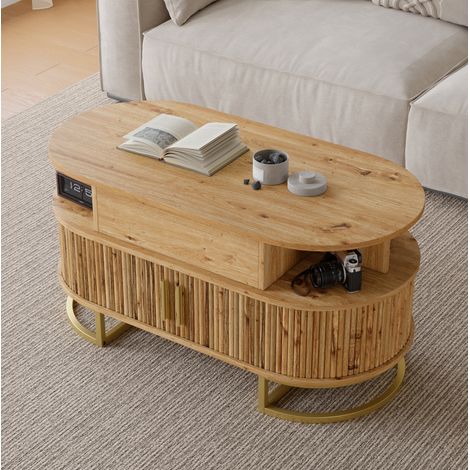 Mesa de centro ovalada 100x50x64 cm con tablero elevable y almacenamiento, MDF natural, patas de acero dorado (1/5)