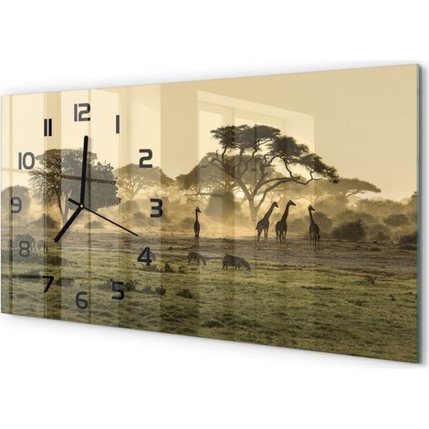 Horloge Murale Panoramique en Verre 60x30 cm Décorative Moderne Salon Cuisine Girafes dans la savane (1/5)