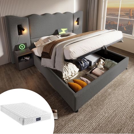 Lit coffre tapissé 160/200 cm gris en lin avec matelas, lampe de lecture et ports USB et USB-C (1/5)