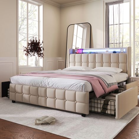letto contenitore 180x200 USB LED cassetti beige OKMYHOME (1/5)