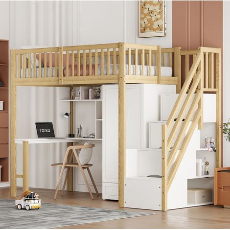 Lit mezzanine 90/200 cm blanc et bois naturel en bois massif avec armoire, bureau, étagère et escalier à tiroirs (1/5)