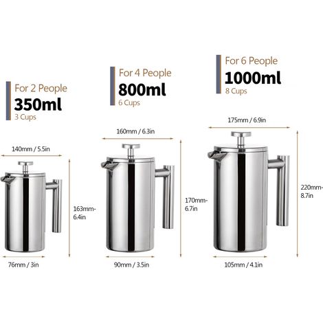 Eosnow Cafetière à piston en acier inoxydable à double paroi isolée 350 ml/800 ml/1 000 ml (1/5)