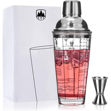 Shaker à cocktail en verre avec recettes sur le côté, verre à martini en cristal de 414 ml avec doseur double face, couvercle en acier métallique étanche et passoire pour tequila, whisky, (1/5)