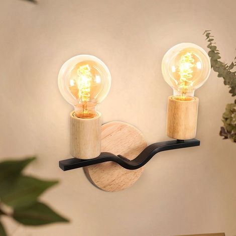 Applique Murale Industrielle Vintage 2 Lumières E27 Lampe Murale en Métal Luminaire Rétro pour Chambre Salon Cuisine Noir+Bois (1/5)