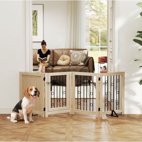 Barrera para perros autoportante de 4 paneles con puerta, 70 cm, MDF y acero, roble DESVIAE (1/5)