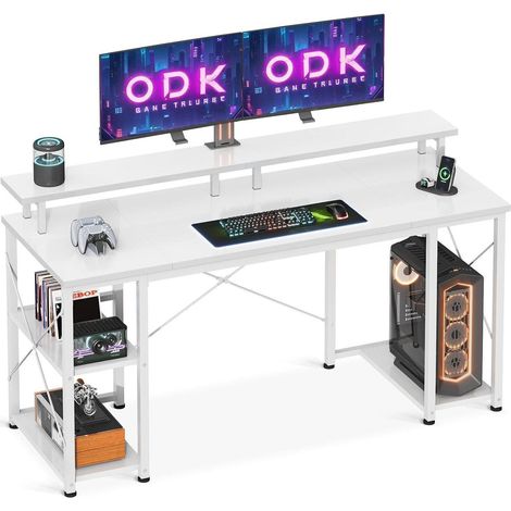 Bureau informatique avec étagères et rehausseur écran, blanc 120x50cm (1/5)