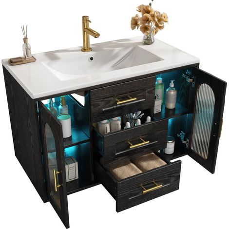 Meuble vasque mural Noir- Avec Éclairage LED- 2 tiroirs & 2 compartiments- Étagères réglables- Sans robinet- 76×46×55cm (1/4)