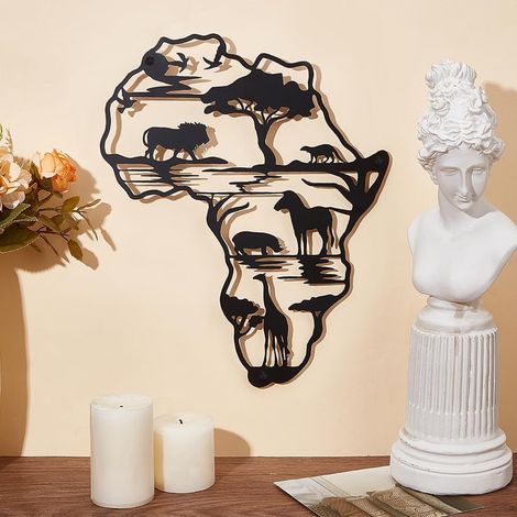 JSSEVN-Carte d'Afrique Noire Décor Murale Suspendue Africa Animals Wall Art Panneau Découpé pour Maison Salon Cuisine Bureau Décor, 30x24.8 cm (1/5)