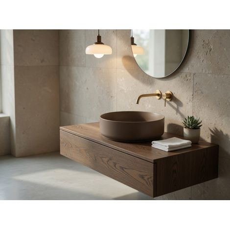 Lavabo tondo da appoggio senza troppo pieno in ceramica senza foro rubinetto - Tortora Opaco