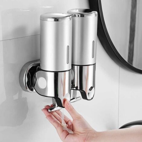 royaluxe-500ML x 2 Distributeur de Savon Mural, Distributeur de Savon à Mains à Double Tête Distributeur Liquide Gel Douche Shampoo pour Cuisine Salle de Bains Hotel, Argenté (1/5)