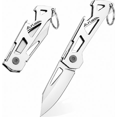 FLISSA Mini Couteau de Poche 112mm en Acier 7Cr17MoV avec Ouvre-Bouteille Petit Couteau Pliant EDC Pratique, Compact et Portable, Pour Camping, Randonnée, Voyage et Utilisation Quotidienne - Argenté