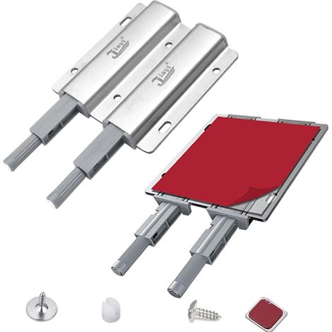 Deux loquets magnétiques à double bouton pour fermer les portes des tiroirs de cuisine.